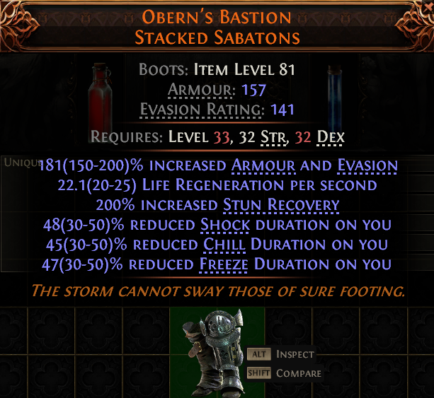 MMOJUGG Path of Exile 2 OBERN'S BASTION STACKED SABATONS#950171 Details View of Item Function and Use