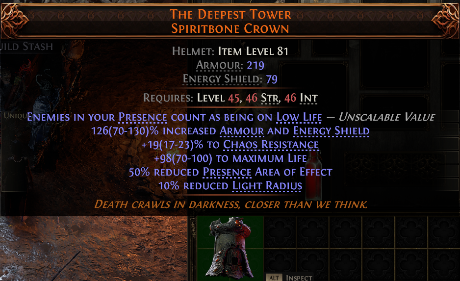 MMOJUGG Path of Exile 2 THE DEEPEST TOWER SPIRITBONE CROWN#950335 Details View of Item Function and Use