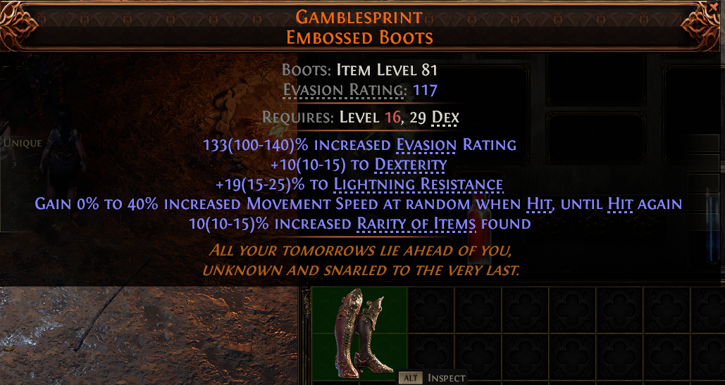 MMOJUGG Path of Exile 2 GAMBLESPRINT EMBOSSED BOOTS#950350 Details View of Item Function and Use