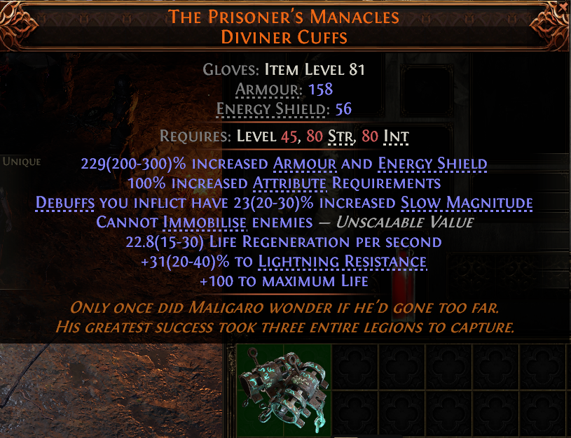 MMOJUGG Path of Exile 2 THE PRISONER'S MANACLES DIVINER CUFFS#950364 Details View of Item Function and Use