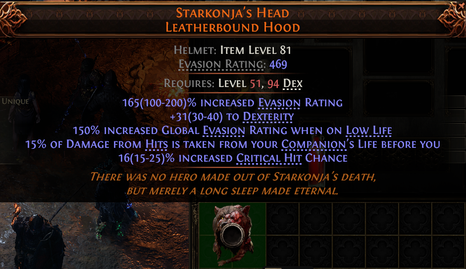 MMOJUGG Path of Exile 2 STARKONJA'S HEAD LEATHERBOUND HOOD#950368 Details View of Item Function and Use