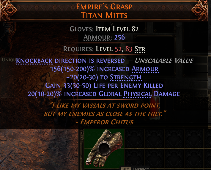 MMOJUGG Path of Exile 2 EMPIRE'S GRASP TITAN MITTS#950371 Details View of Item Function and Use