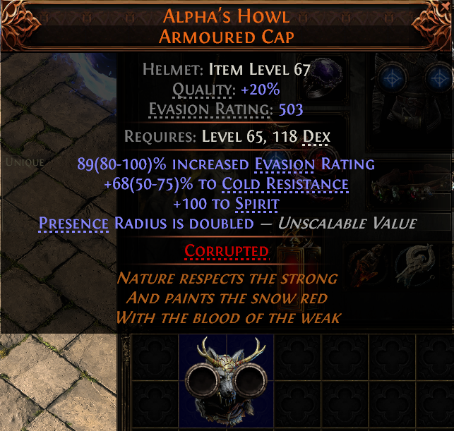 MMOJUGG Path of Exile 2 ALPHA'S HOWL ARMOURED CAP#951044 Details View of Item Function and Use