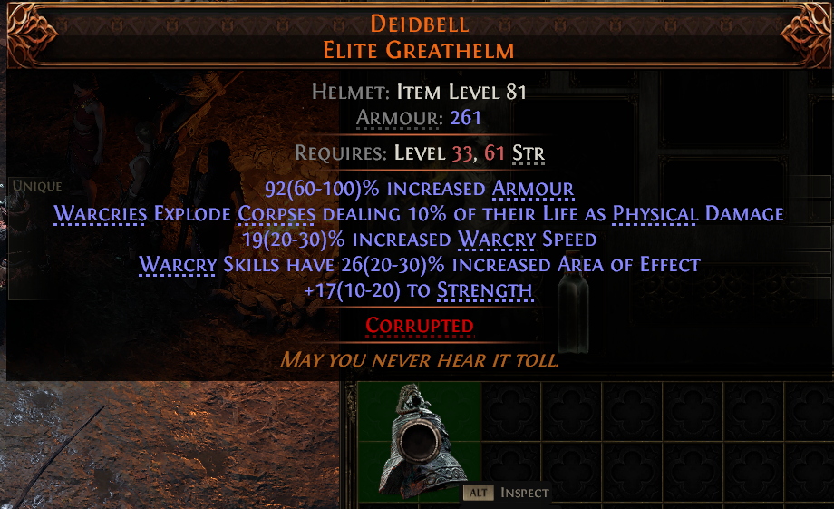 MMOJUGG Path of Exile 2 DEIDBELL ELITE GREATHELM#951069 Details View of Item Function and Use