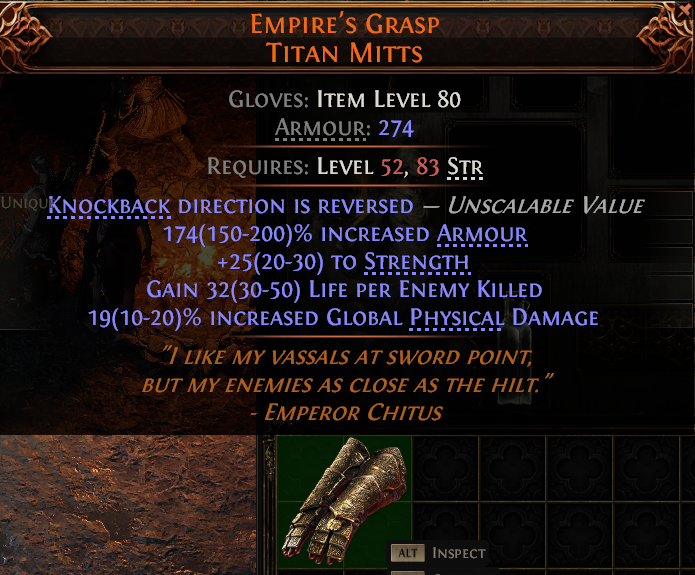 MMOJUGG Path of Exile 2 EMPIRE'S GRASP TITAN MITTS#951072 Details View of Item Function and Use