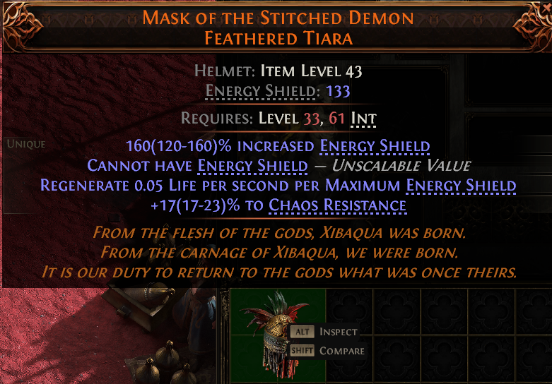 MMOJUGG Path of Exile 2 MASK OF THE STITCHED DEMON FEATHERED TIARA#951462 Details View of Item Function and Use