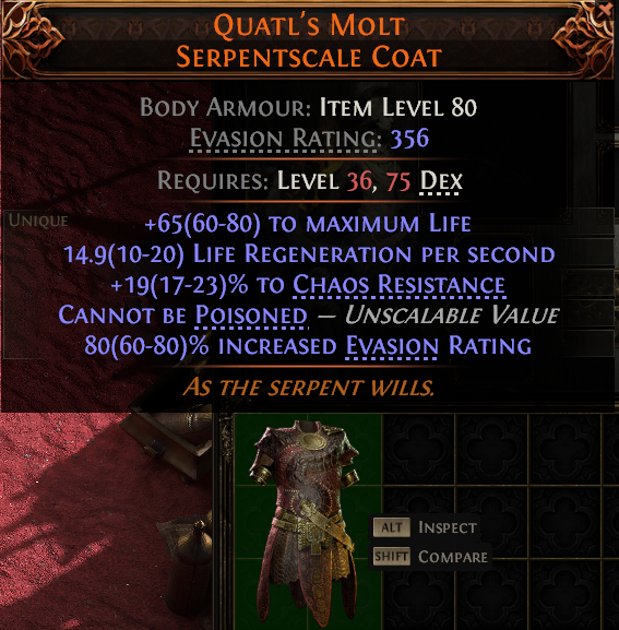 MMOJUGG Path of Exile 2 QUATL'S MOLT SERPENTSCALE COAT#951543 Details View of Item Function and Use