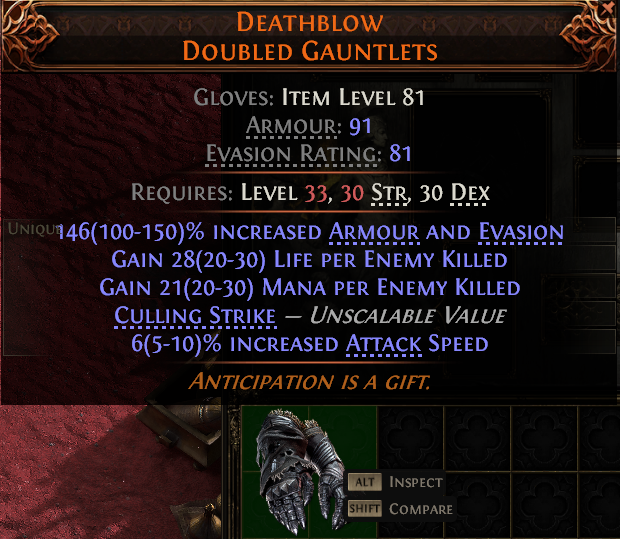 MMOJUGG Path of Exile 2 DEATHBLOW DOUBLED GAUNTLETS#951564 Details View of Item Function and Use