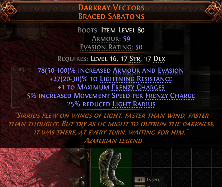 MMOJUGG Path of Exile 2 DARKRAY VECTORS BRACED SABATONS#951592 Details View of Item Function and Use