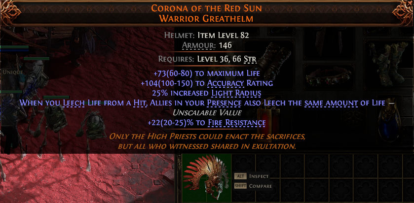 MMOJUGG Path of Exile 2 CORONA OF THE RED SUN WARRIOR GREATHELM#953872 Details View of Item Function and Use