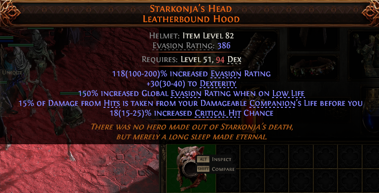 MMOJUGG Path of Exile 2 STARKONJA'S HEAD LEATHERBOUND HOOD#953875 Details View of Item Function and Use