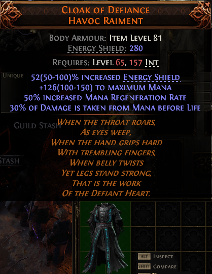 MMOJUGG Path of Exile 2 CLOAK OF DEFIANCE HAVOC RAIMENT#1017340 Details View of Item Function and Use