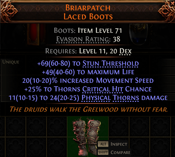 MMOJUGG Path of Exile 2 BRIARPATCH LACED BOOTS#1028005 Details View of Item Function and Use