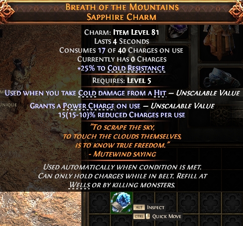 MMOJUGG Path of Exile 2 BREATH OF THE MOUNTAINS SAPPHIRE CHARM#1134274 Details View of Item Function and Use