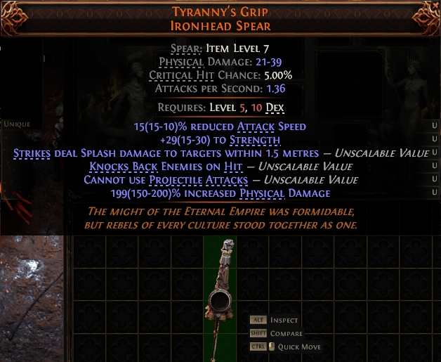 MMOJUGG Path of Exile 2 TYRANNY'S GRIP IRONHEAD SPEAR#1143906 Details View of Item Function and Use