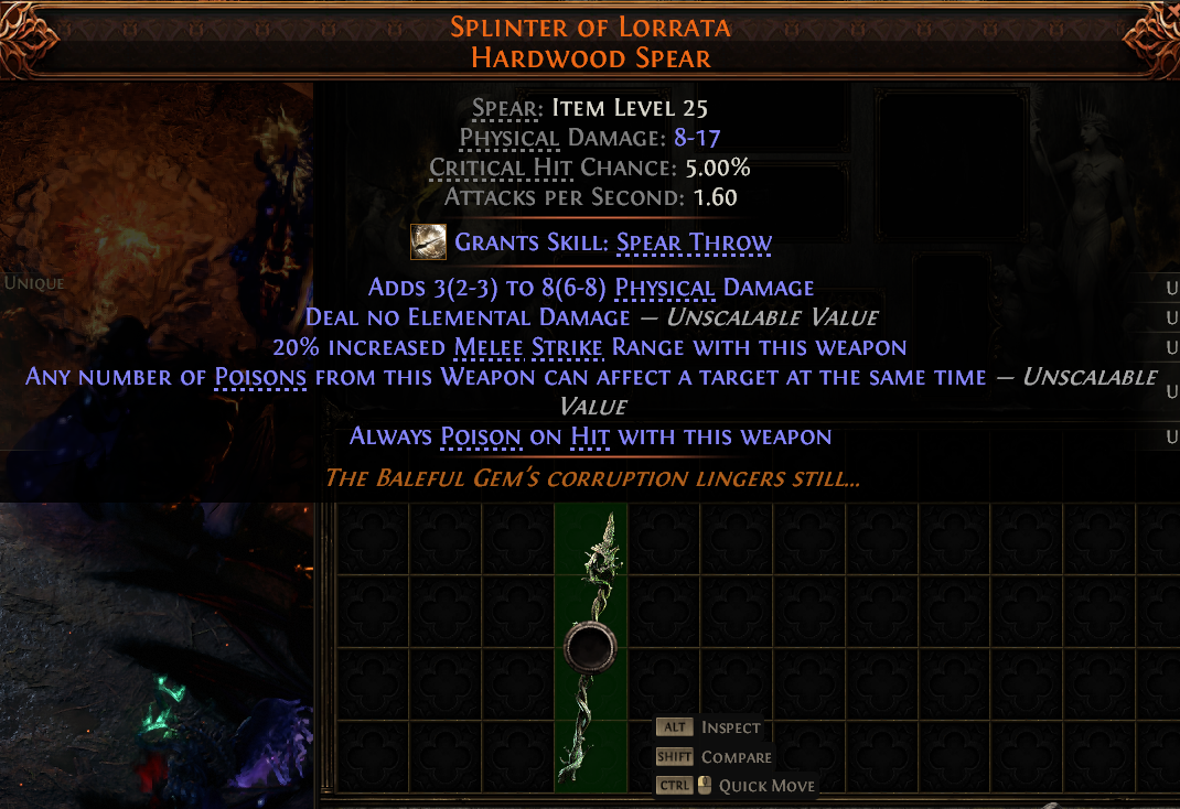 MMOJUGG Path of Exile 2 SPLINTER OF LORRATA HARDWOOD SPEAR#1143952 Details View of Item Function and Use