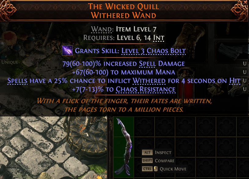 MMOJUGG Path of Exile 2 THE WICKED QUILL WITHERED WAND#1144000 Details View of Item Function and Use