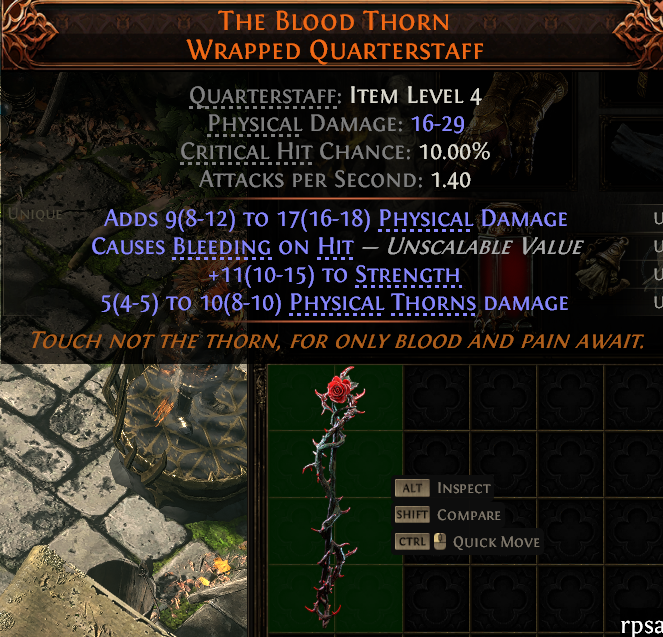 MMOJUGG Path of Exile 2 THE BLOOD THORN WRAPPED QUARTERSTAFF#1144001 Details View of Item Function and Use