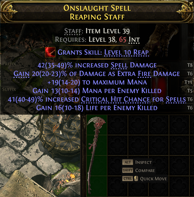 MMOJUGG Path of Exile 2 ONSLAUGHT SPELL REAPING STAFF#1144008 Details View of Item Function and Use