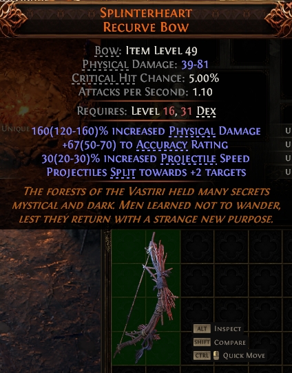 MMOJUGG Path of Exile 2 SPLINTERHEART RECURVE BOW#1144022 Details View of Item Function and Use