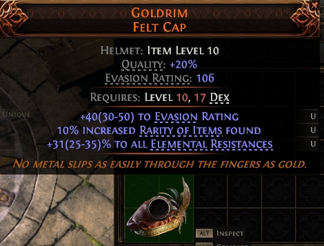 MMOJUGG Path of Exile 2 GOLDRIM FELT CAP#1144033 Details View of Item Function and Use