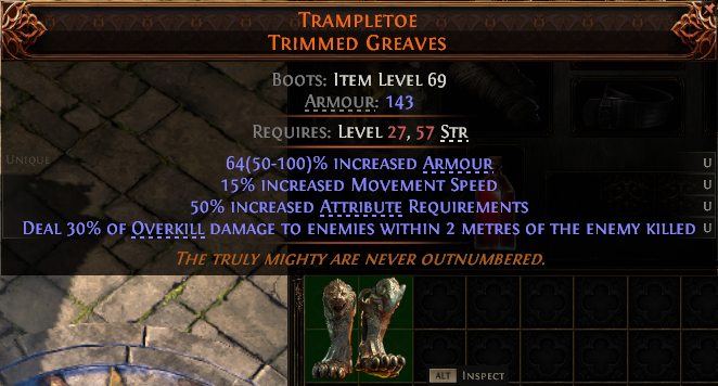 MMOJUGG Path of Exile 2 TRAMPLETOE TRIMMED GREAVES#1144232 Details View of Item Function and Use