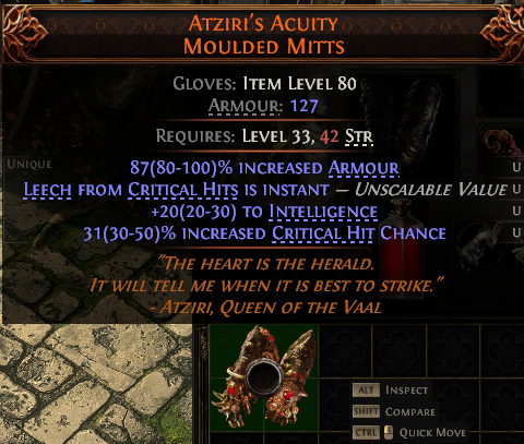 MMOJUGG Path of Exile 2 ATZIRI'S ACUITY MOULDED MITTS#1144364 Details View of Item Function and Use