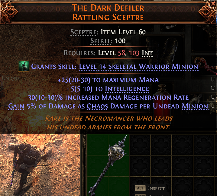 MMOJUGG Path of Exile 2 THE DARK DEFILER RATTLING SCEPTRE#1144368 Details View of Item Function and Use