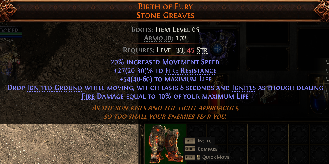 MMOJUGG Path of Exile 2 BIRTH OF FURY STONE GREAVES#1144442 Details View of Item Function and Use