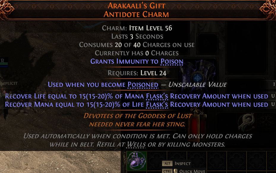 MMOJUGG Path of Exile 2 ARAKAALI'S GIFT ANTIDOTE CHARM#1144455 Details View of Item Function and Use