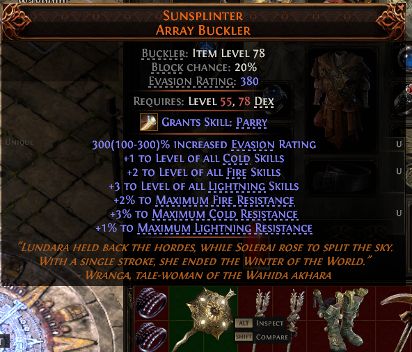 MMOJUGG Path of Exile 2 SUNSPLINTER ARRAY BUCKLER#1144731 Details View of Item Function and Use