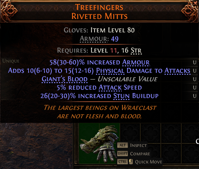 MMOJUGG Path of Exile 2 TREEFINGERS RIVETED MITTS#1145331 Details View of Item Function and Use