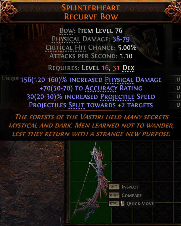 MMOJUGG Path of Exile 2 SPLINTERHEART RECURVE BOW#1145334 Details View of Item Function and Use