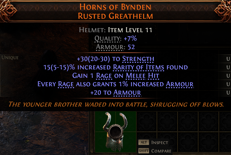MMOJUGG Path of Exile 2 HORNS OF BYNDEN RUSTED GREATHELM#1145335 Details View of Item Function and Use