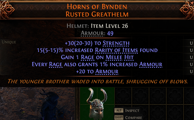 MMOJUGG Path of Exile 2 HORNS OF BYNDEN RUSTED GREATHELM#1145341 Details View of Item Function and Use