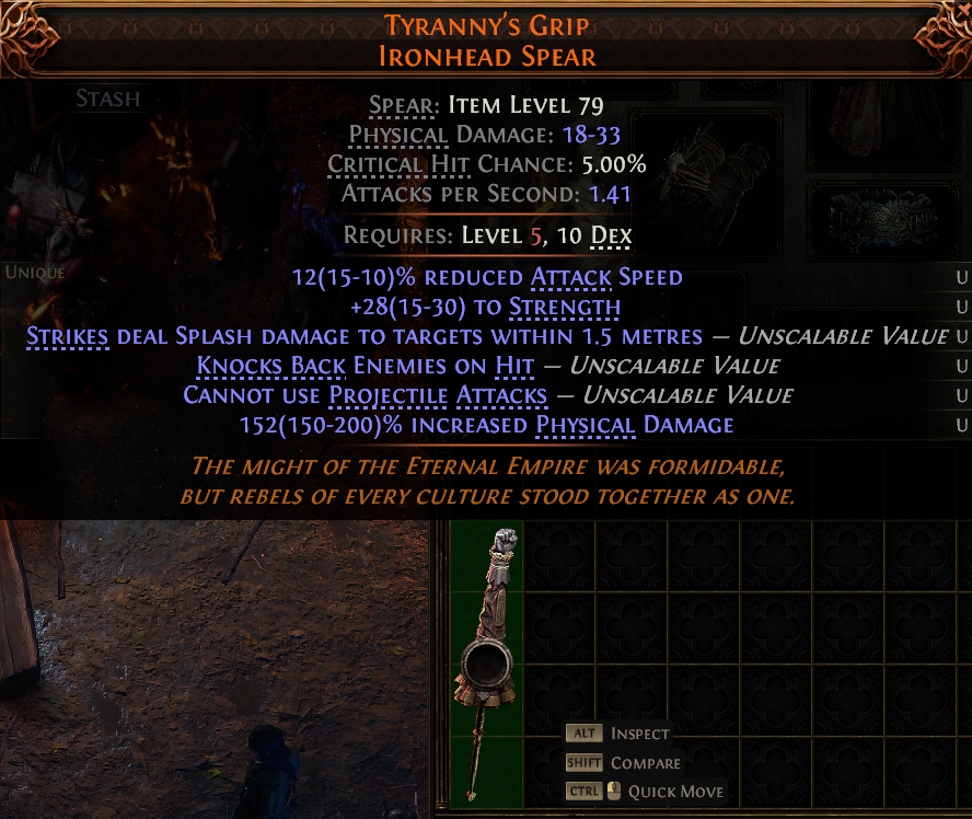 MMOJUGG Path of Exile 2 TYRANNY'S GRIP IRONHEAD SPEAR#1145912 Details View of Item Function and Use