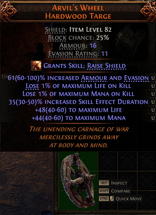 MMOJUGG Path of Exile 2 ARVIL'S WHEEL HARDWOOD TARGE#1145923 Details View of Item Function and Use