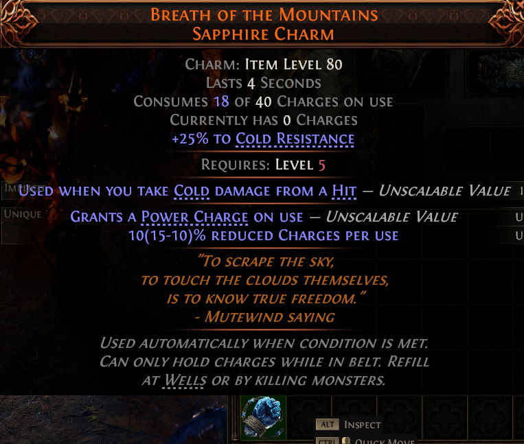 MMOJUGG Path of Exile 2 BREATH OF THE MOUNTAINS SAPPHIRE CHARM#1145933 Details View of Item Function and Use