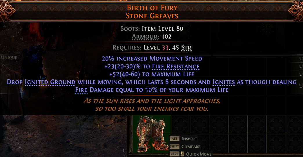 MMOJUGG Path of Exile 2 BIRTH OF FURY STONE GREAVES#1145938 Details View of Item Function and Use