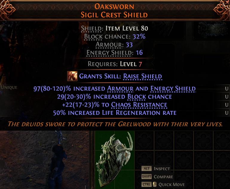 MMOJUGG Path of Exile 2 OAKSWORN SIGIL CREST SHIELD#1145939 Details View of Item Function and Use