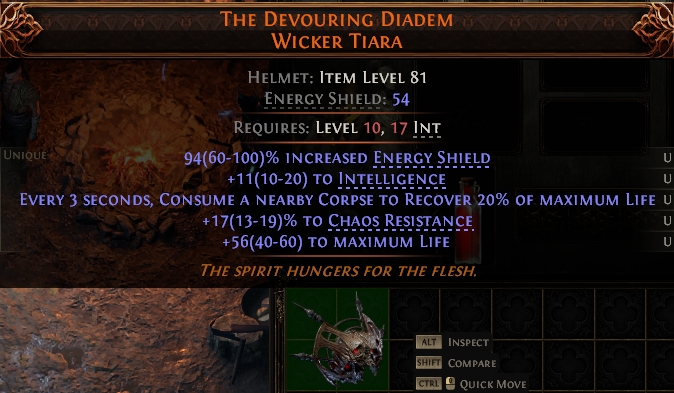 MMOJUGG Path of Exile 2 THE DEVOURING DIADEM WICKER TIARA#1146060 Details View of Item Function and Use