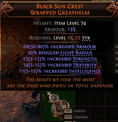 MMOJUGG Path of Exile 2 BLACK SUN CREST WRAPPED GREATHELM#1146061 Details View of Item Function and Use