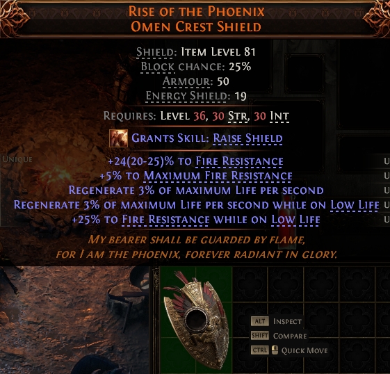 MMOJUGG Path of Exile 2 RISE OF THE PHOENIX OMEN CREST SHIELD#1146062 Details View of Item Function and Use
