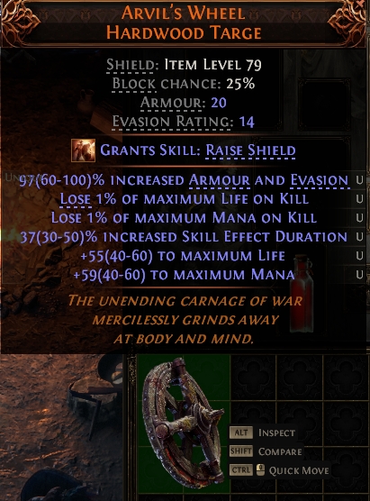 MMOJUGG Path of Exile 2 ARVIL'S WHEEL HARDWOOD TARGE#1146064 Details View of Item Function and Use