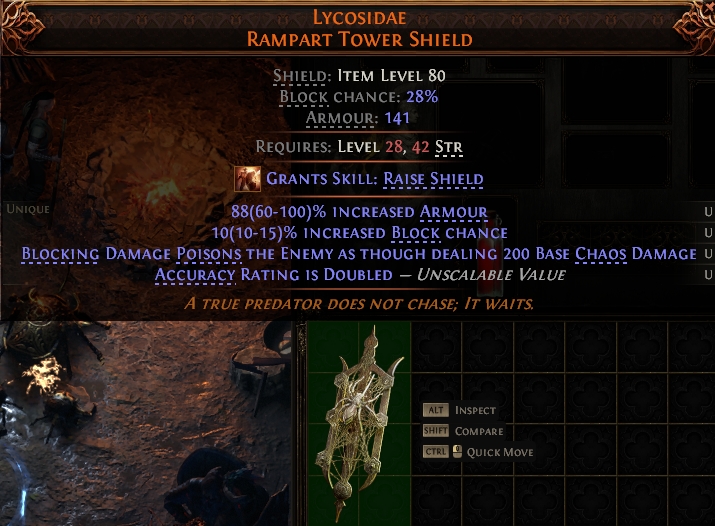 MMOJUGG Path of Exile 2 LYCOSIDAE RAMPART TOWER SHIELD#1146066 Details View of Item Function and Use