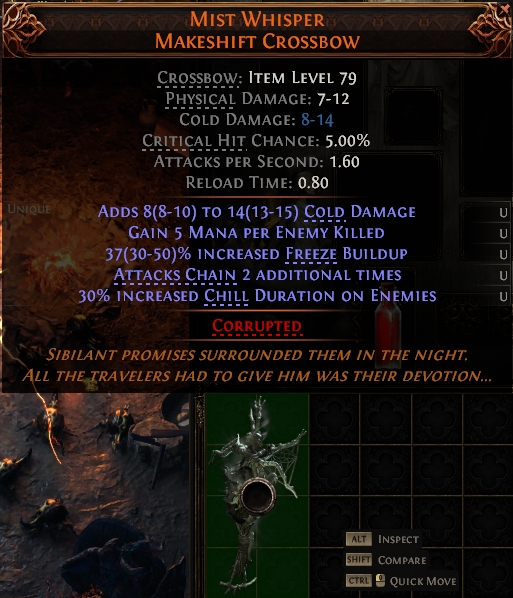MMOJUGG Path of Exile 2 MIST WHISPER MAKESHIFT CROSSBOW#1146068 Details View of Item Function and Use
