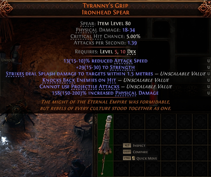 MMOJUGG Path of Exile 2 TYRANNY'S GRIP IRONHEAD SPEAR#1146069 Details View of Item Function and Use