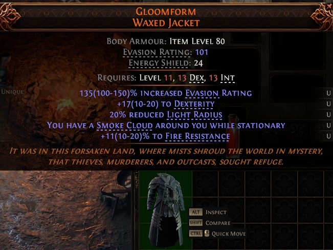 MMOJUGG Path of Exile 2 GLOOMFORM WAXED JACKET#1146070 Details View of Item Function and Use