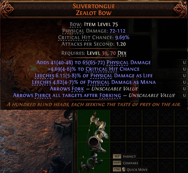MMOJUGG Path of Exile 2 SLIVERTONGUE ZEALOT BOW#1146077 Details View of Item Function and Use