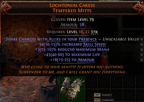 MMOJUGG Path of Exile 2 LOCHTONIAL CARESS TEMPERED MITTS#1146082 Details View of Item Function and Use